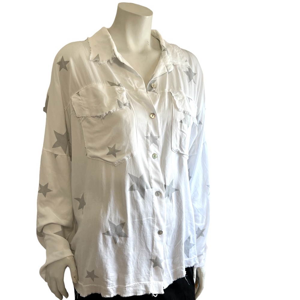 NWT Venti6 Button Down Tattered Style Long Sleeve Shirt Glittery Silver …